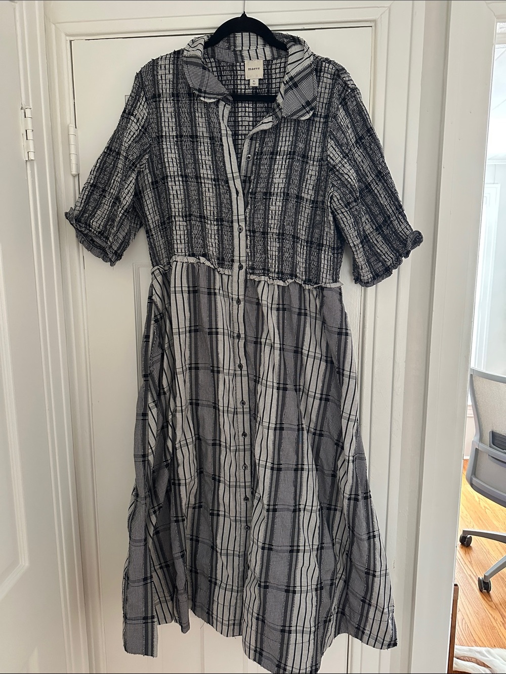 Anthropologie Maeve Gray Black Plaid Button-Front Dress